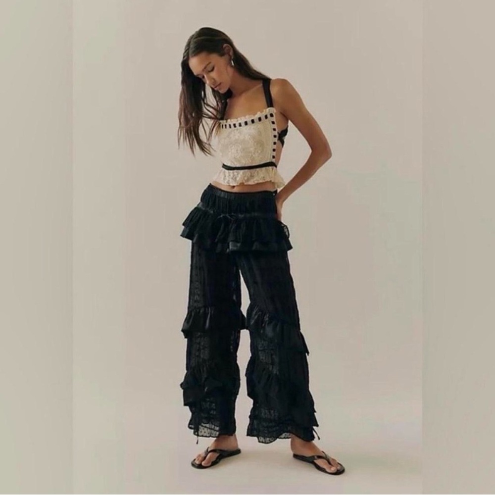 Free People Black Ruffle Wide Leg Pants